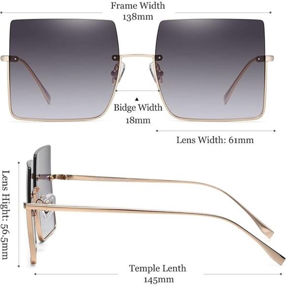 Gray Oversized Square Sunglasses Rimless, Gradient, Fashionable & UV Protection - Picture 3 of 5